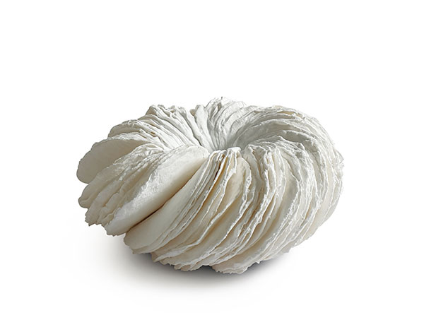 1 Untitled #3, 5 in. (13 cm) in diameter, porcelain, fired to 2192°F (1200°C) in oxidation, 2020.
