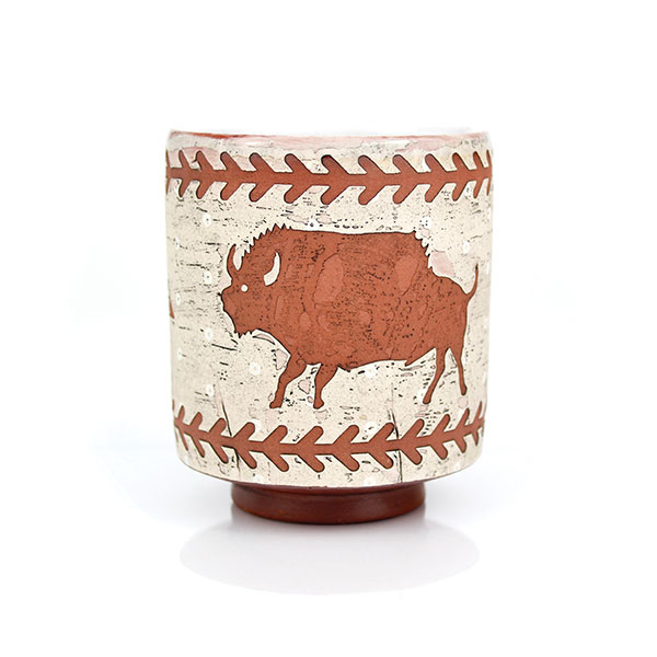 4 American Bison Yunomi, 3¾ in. (9 cm) in height, stoneware, underglaze, slip, terra sigillata, glaze, fired to cone 5, 2021.
