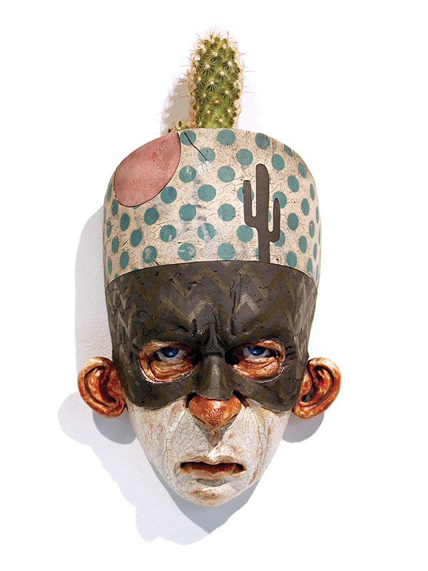 1 Cactus Casey, 11 in. (28 cm) in height, stoneware, underglaze, slip, terra sigillata, glaze, fired to cone 5, 2019.