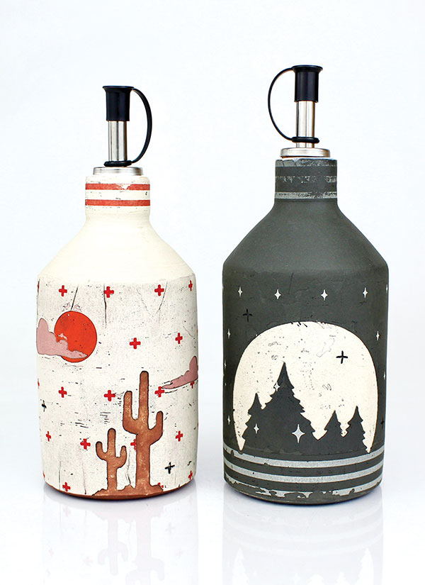 5 Pair of scenic oil pourers, 8 in. (20 cm) in height, stoneware, underglaze, slip, terra sigillata, glaze, fired to cone 5, 2021.