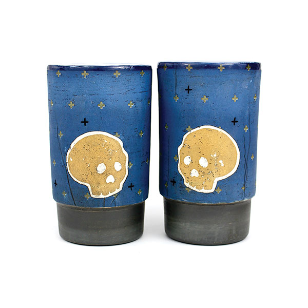 2 Skull tumblers, 6 in. (15 cm) in height, stoneware, underglaze, slip, terra sigillata, glaze, fired to cone 5, 2021.