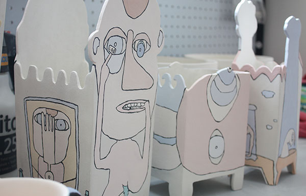 4 Unfired slab-built forms in the studio, to 17 in. (45 cm) in height, underglaze, 2021.