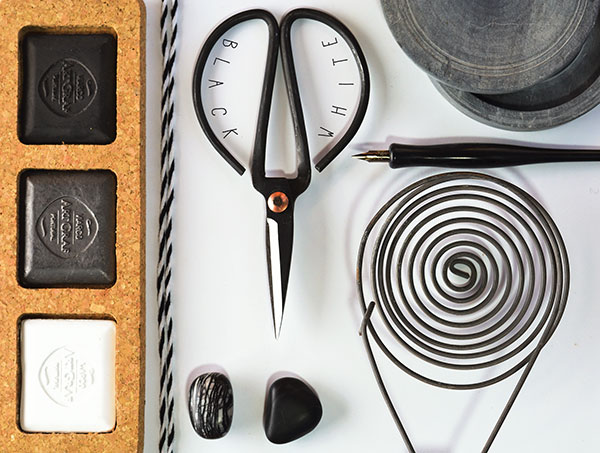 2 Black, White, and Lines, an example of a mood board inspired by objects from Rhonda Willers’ studio.