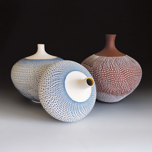 Stratum Seed Pots, to 9½ in. (24 cm) in height, wheel-thrown stonewares (various types), slips, sodium silicate, liner glaze, fired to cone 6 in oxidation, 2017.
