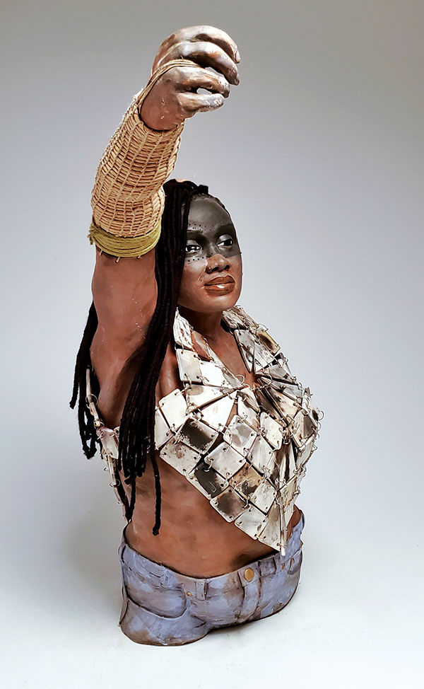 5 Liberté, 34 in. (86 cm) in height, earthenware, terra sigillata, paper, stainless steel, wool, hemp cord, 2020.
