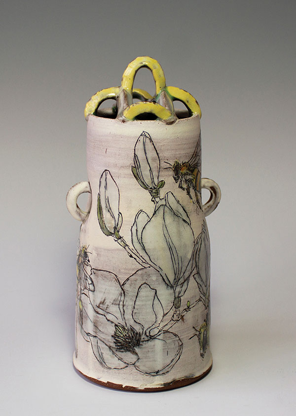 3 Bee Magnolia Vase, 11 in. (28 cm) in height, mid-range red stoneware, colored slips, underglazes, fired to cone 6 in an electric kiln, 2018.