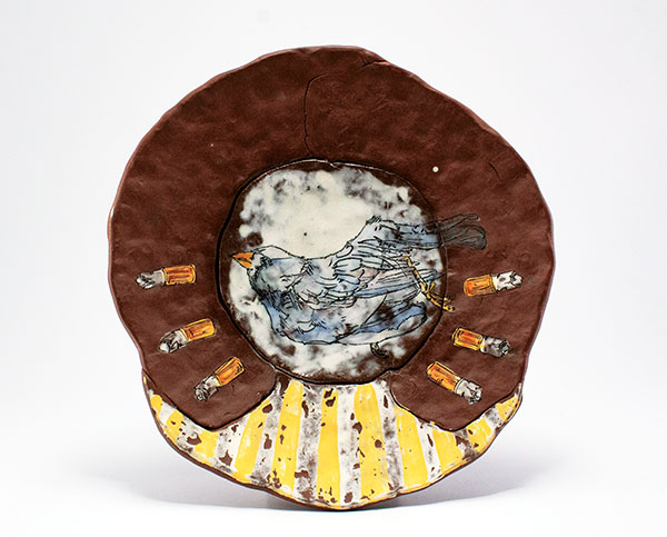 8 Don’t Throw Your Trash on the Ground #4, 7½ in. (19 cm) in diameter, mid-range red stoneware, colored slips, underglazes, fired to cone 6 in an electric kiln, 2020.