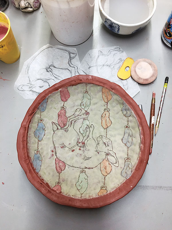 2 Lucky Rabbit Platter, 12 in. (30 cm) in diameter, mid-range red stoneware, colored slips, underglazes, 2019.