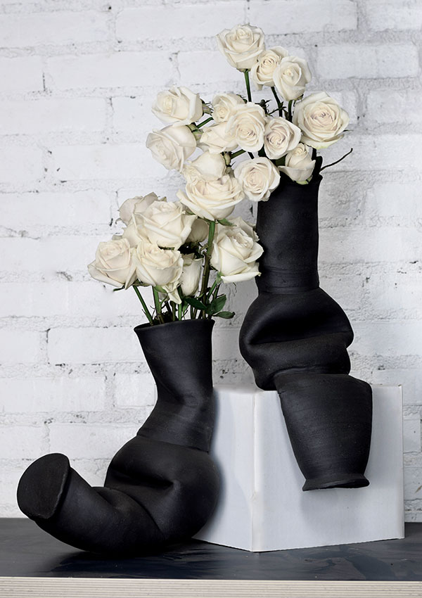 2 The Space Between, 18 in. (46 cm) in height, wheel-thrown, altered stoneware, white roses.