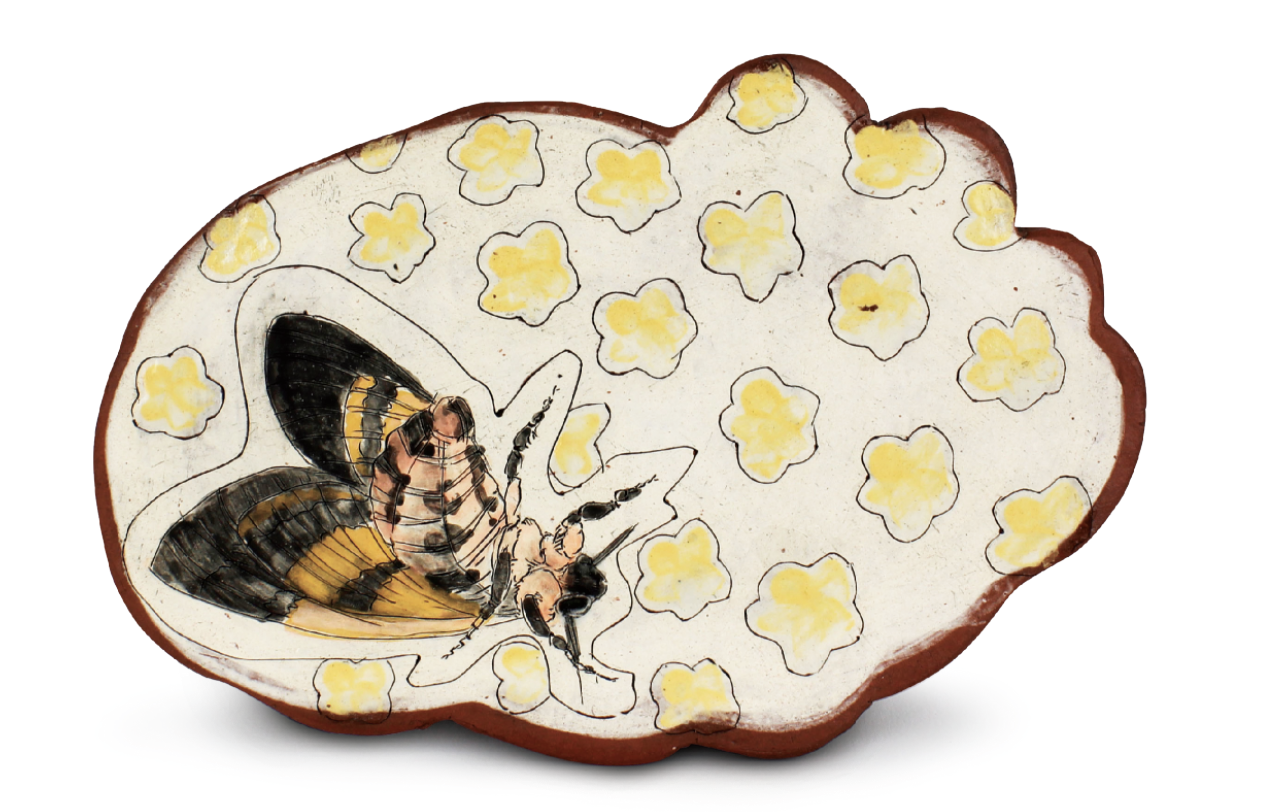 1 Moth Floral Wall Hanging, 7 in. (18 cm) in length, mid-range red stoneware, colored slips, underglazes, fired to cone 6 in an electric kiln, 2020.