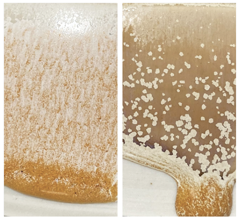 4 The difference a colorant flux makes! Left tile is the base glaze; right tile is with the addition of 1% manganese dioxide.