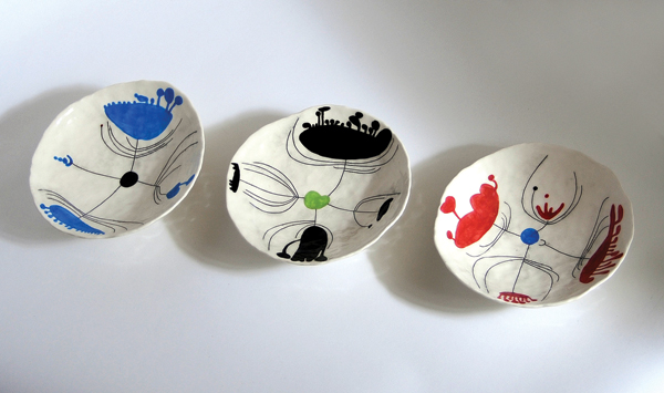 6 Three bowls, to 9¾ in. (25 cm) in diameter, coil-built white earthenware, porcelain slip mixed with Nano Colour stains (Scarva Pottery Supplies), Mason stains, Spectrum underglazes, glaze, 2009.
