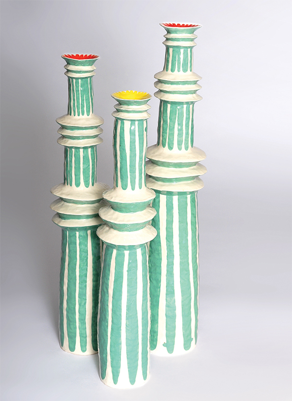 2 Three towers, to 21½ in. (55 cm) in height, coil-built white earthenware, porcelain slip mixed with Nano Colour stains (Scarva Pottery Supplies), Mason stains, Spectrum underglazes, glaze, 2011.