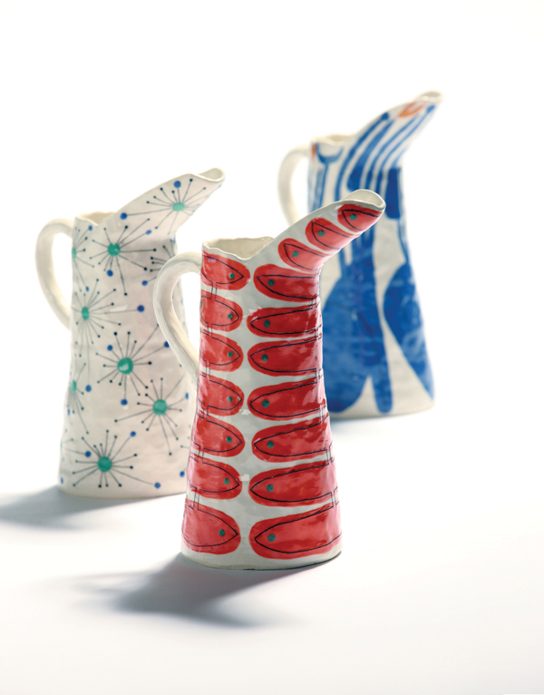1 Three pitchers, to 13¼ in. (34 cm) in height, coil-built white earthenware, porcelain slip mixed with Nano Colour stains (Scarva Pottery Supplies), Mason stains, Spectrum underglazes, glaze, 2013.