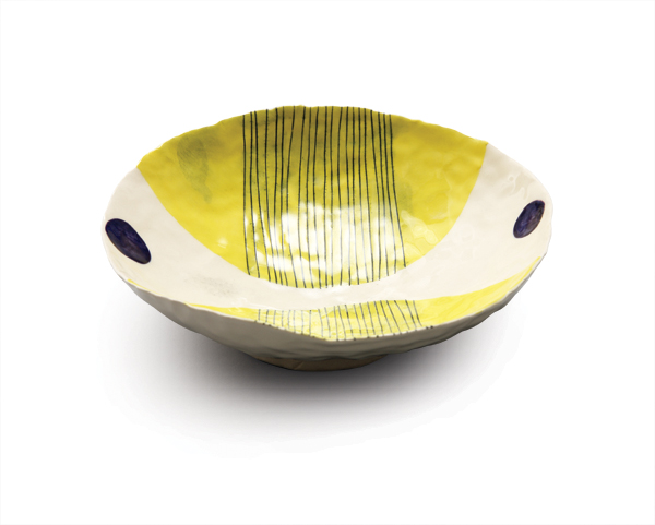 7 Bowl, 11¾ in. (30 cm) in diameter, coil-built white earthenware, porcelain slip mixed with Nano Colour stains (Scarva Pottery Supplies), Mason stains, Spectrum underglazes, glaze, 2013.