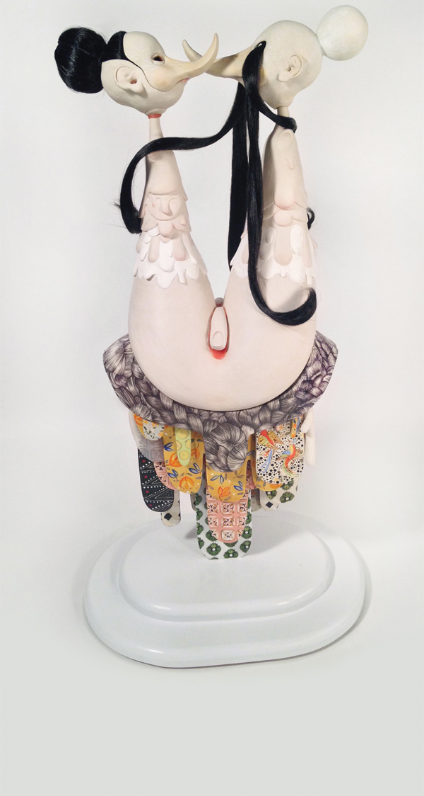 2 She wrapped them with yesterdays and tomorrows, 30 in. (76 cm) in height, porcelain, mixed media, fired to cone 6 in oxidation, 2015.
