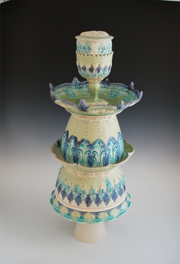 1 Hight Tea Tower, 24 in. (61 cm) in height, thrown and altered porcelain, stamped, sprigs, slip trailed, fired to cone 6 in oxidation, 2017. 