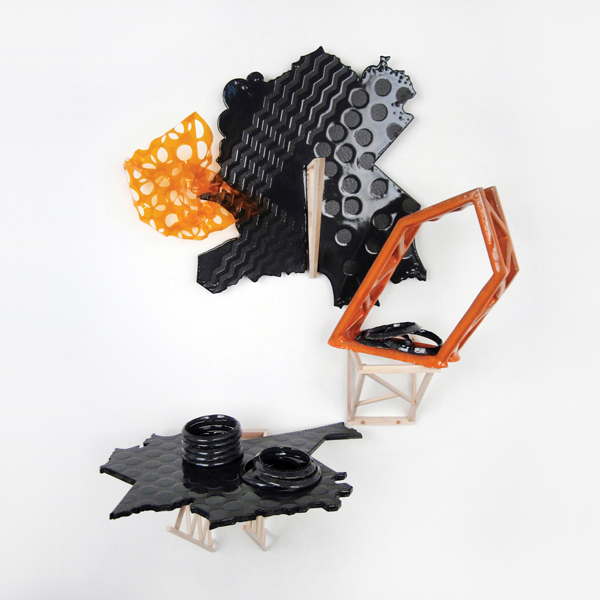 Jeff Ziemke's Proposed Depth Series: Overflow, 22 in. (56 cm) in height, handbuilt low-fire earthenware, glazed ceramic, aluminum leaf, vinyl, 2015.