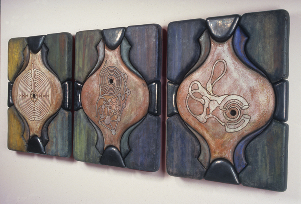 2 Labyrinth: Chartres, Maze, and Ear Canal, 5 ft. 10 in. (1.78 m) in length, press-molded and incised red earthenware, terra sigillata, glaze, fired to cone 02, 1999. Photo: Jeff Bruce. 
