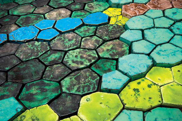 4 (Detail) Landscape I, 4 ft. (1.2 m) in diameter, press-molded fritware, glaze, fired to cone 02, 2008. Photo: E.G. Schempf.