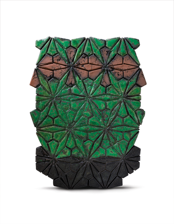 Escutcheon, 16 in. (42 cm) in height, press-molded red earthenware, glaze, fired to cone 02, 2010. Photo: E.G. Schempf.