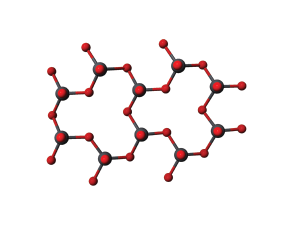 4 Alpha quartz structure. Silicon atoms are gray and oxygen atoms are red. The Si-O-Si bonds are bent at an angle. Diagrams by Elin Barrett.