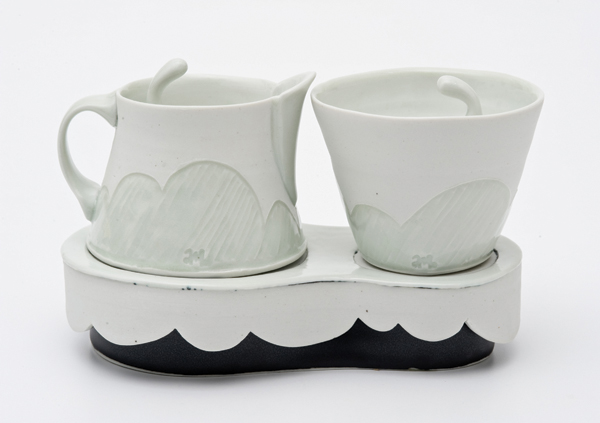 6 Anderson Bailey’s cream and sugar set, 8 in. (20 cm) in length, wheel-thrown, altered, and handbuilt porcelain, reduction fired to cone 10, 2013.