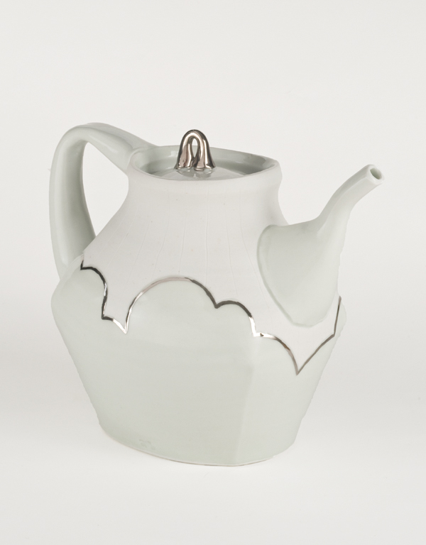 5 Anderson Bailey’s teapot, 9 in. (23 cm) in width, wheelthrown, altered, and handbuilt porcelain, reduction fired to cone 10, metallic luster, 2013.
