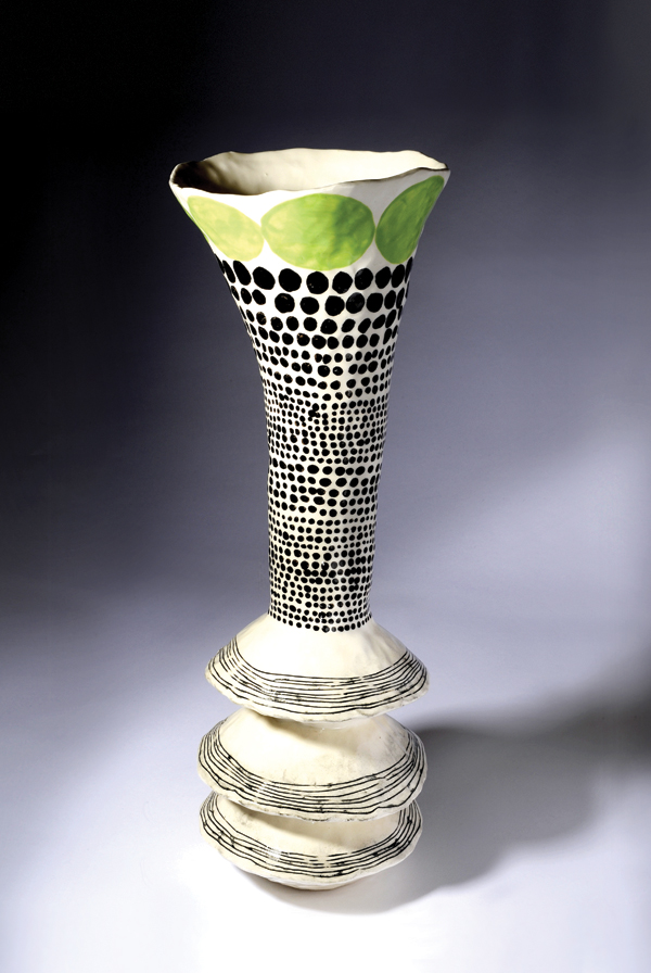 4 Vase, 15¾ in. (40 cm) in height, coil-built white earthenware, porcelain slip mixed with Nano Colour stains (Scarva Pottery Supplies), Mason stains, Spectrum underglazes, glaze, 2009.