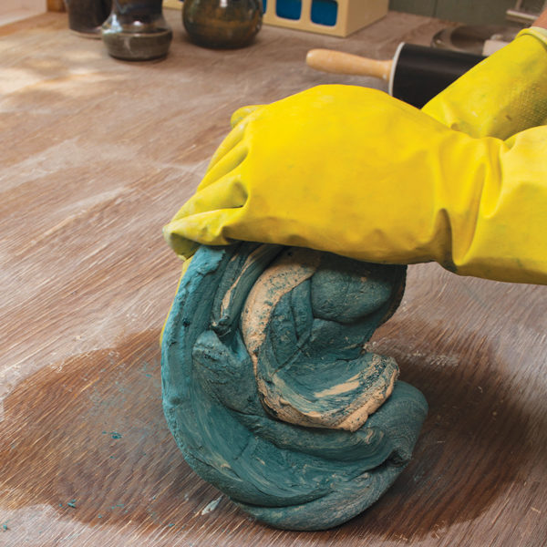 1 Wedge Mason stain into the clay. Rubber gloves are recommended in order to avoid any absorption of the metallic oxide through the skin.