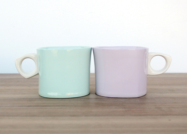 3 Bean and Bailey’s mugs, 5 in. (13 cm) in height, slip-cast colored porcelain, oxidation fired to cone 6, 2014.