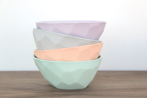 4 Bean and Bailey’s olive bowls, 4½ in. (11 cm) in diameter, slip-cast colored porcelain, oxidation fired to cone 6, 2015.