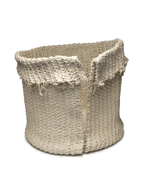 2 split Garter Stitch Basket, 10 in. (25 cm) in diameter, hand knit cotton, dipped in porcelain, slip, fired to cone 6 in oxidation, 2017. 