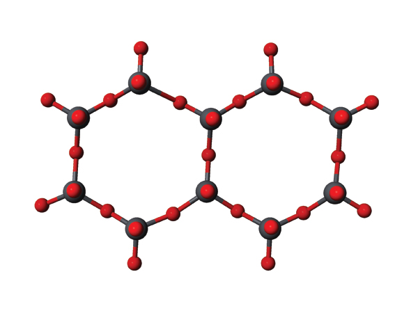 5 Beta quartz. At 1063°F (573 °C) the Si-O-Si bonds are straightened out, with an accompanying 1% increase in volume. Diagram by Elin Barrett.