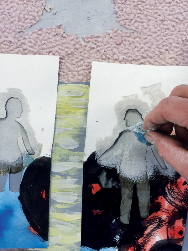 13 Watercolor paper cut out figures are placed over the lake.