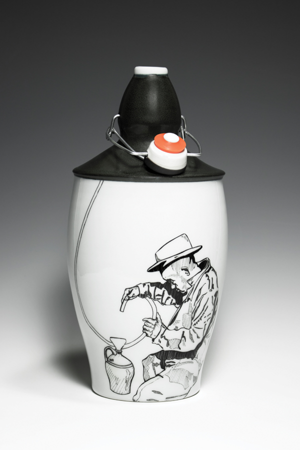 1 Bradley Klem’s Moonshiner, 13 in. (32 cm) in height (holds 64 oz.), porcelain, ceramic decal.