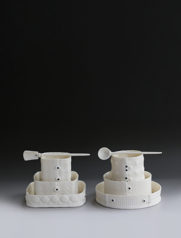 Leilani Trinka's Breakfast sets, to 4½ in. (12 cm) in height, slab-built porcelain, steel pins, clear glaze, electric fired to cone 5, 2015.