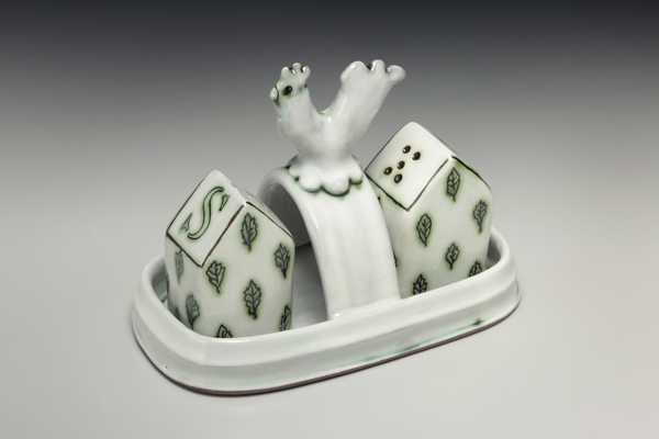 Farmhouse Salt and Pepper Shakers in Caddy, to 6½ in. (17 cm) in length, earthenware, porcelain slip, sgraffito, Patina copper wash, layered glazes, including Odyssey Clear, Amaco Celadon Sky Blue C-21, and Spectrum Glaze Gold Rain 1114, fired to cone 5, 2016. Photos: Tim Barnwell.