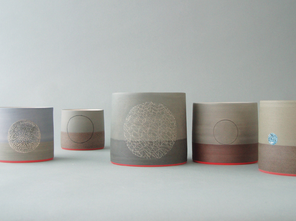 7 Circle Series (1), to 4 in. (10 cm) in height, wheel-thrown stoneware, slips, high fired, 2012.