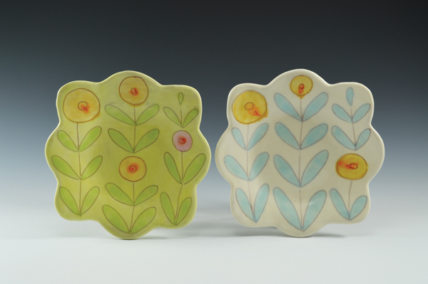 3 Scalloped plates, to 8 in. (20 cm) in diameter, earthenware, polychrome glazes, fired to cone 04 in an electric kiln, 2014.