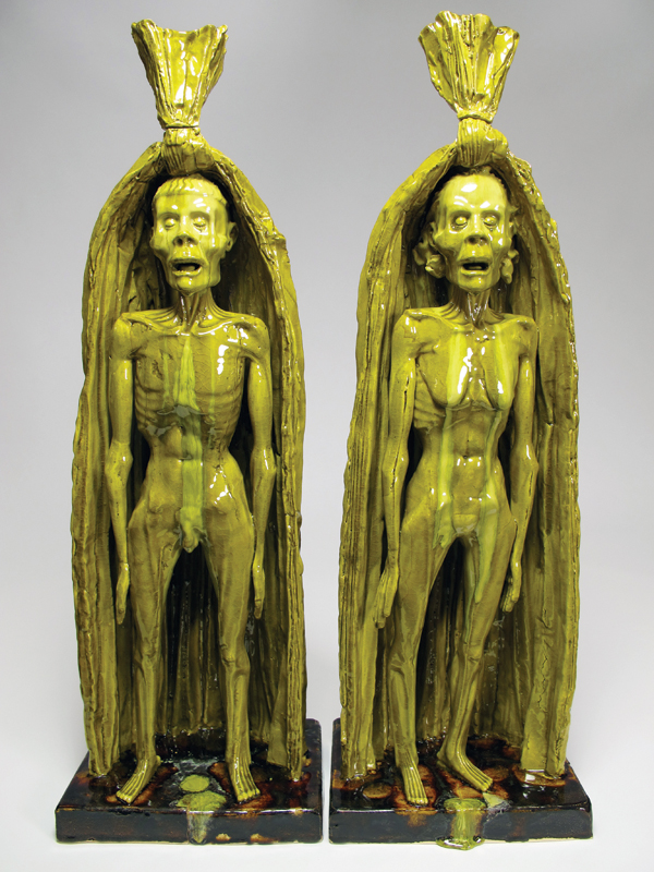2 Earthly Glory (His) and Earthly Glory (Hearse), 27 in. (68 cm) in height, glazed earthenware, 2013.