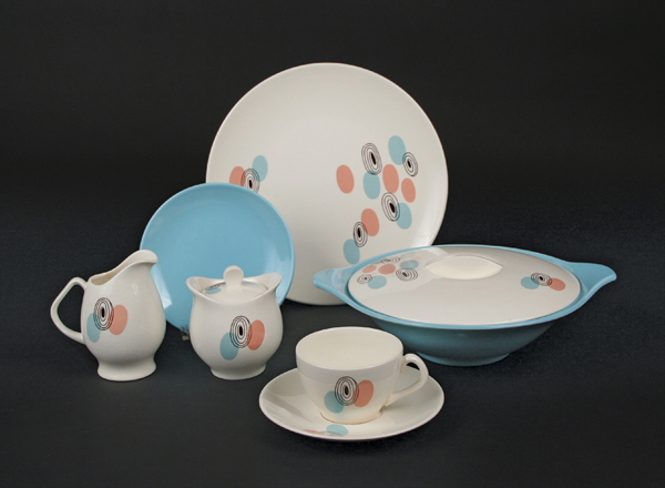 1 Steubenville Pottery’s Polka Dot Dinner Service (partial), Citation shape with Rhythm pattern, semi-vitreous bone china, glaze, 1955. Associated with Vincent Broomhall.