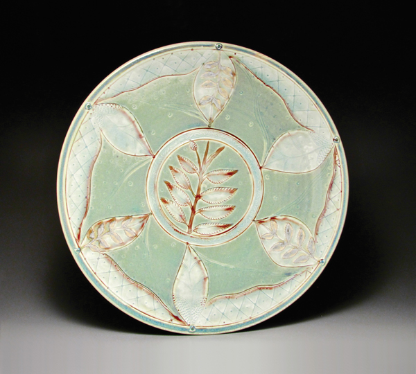 1 Richard Hensley’s platter, 15 in. (38 cm) in diameter, wheel-thrown porcelain, reduction-fired to cone 10.