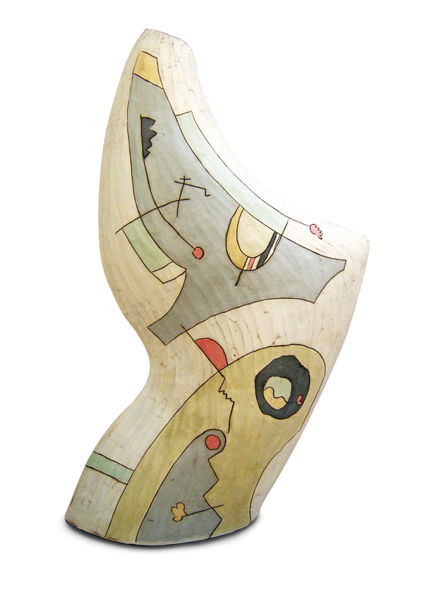 1 Rebecca Zweibel’s Context vs. Structure, 17 in. (43 cm) in height, earthenware, terra sigillata, copper carbonate wash, fired to cone 6.