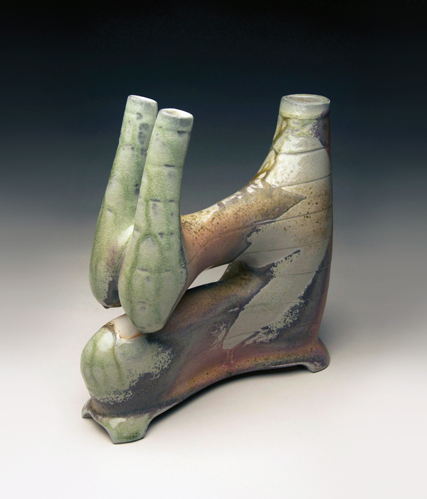 1 Jim Lawton’s Cantilever Vase with Double Spouts, 11 in. (28 cm) in height, stoneware, wood/soda fired, 2014.