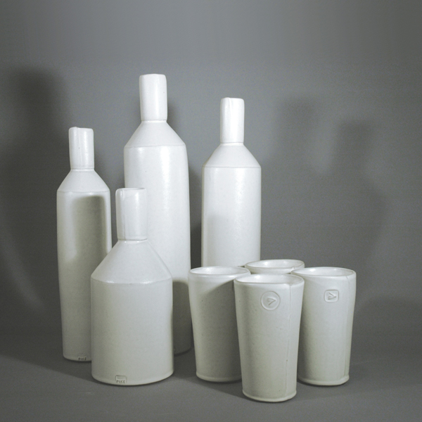 1 Sarah Pike’s tall jars and spruce sprigs tumblers, slab-built stoneware, bone colored glaze.