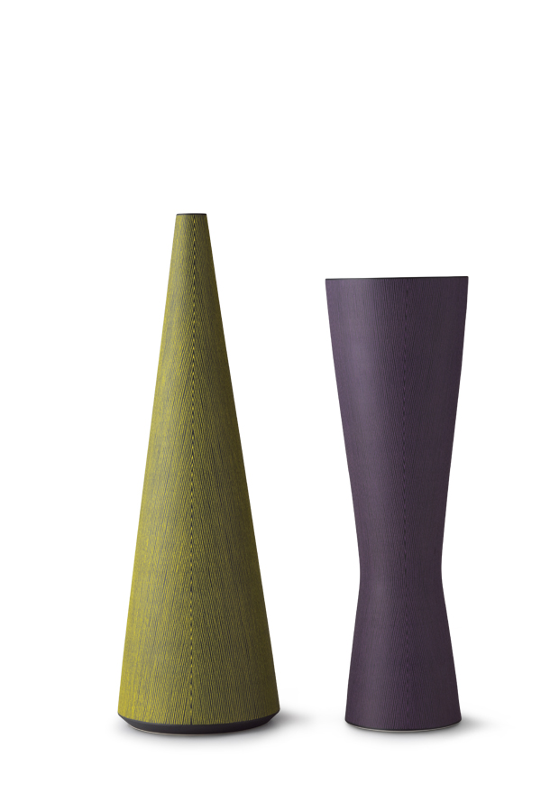 2 Masaru Nakada’s Sen (Line), up to 17 in. (44 cm) in height, wheel-thrown porcelain, inlaid glaze, 2014.