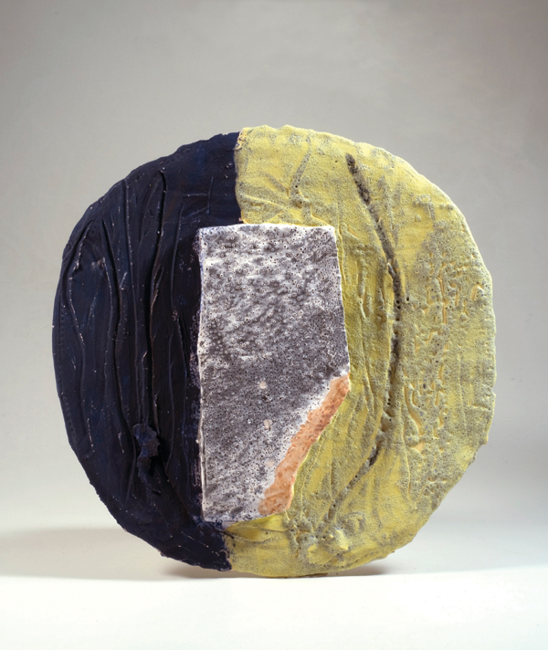 1 John Chalke’s Turned Over—The Other Side—Underneath It All, 17 in. (43 cm) in diameter, multiple glazes, multi-fired ceramic wall piece, 2009.