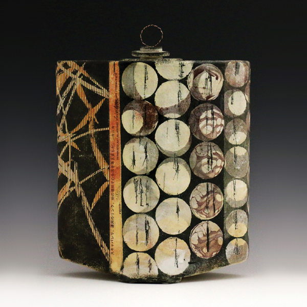 1 Kanika Sircar’s Starchart, 13 in. (33 cm) in height, handbuilt stoneware, slip, underglaze, ceramic pencil, laser decals, iron and copper wire, 2016.