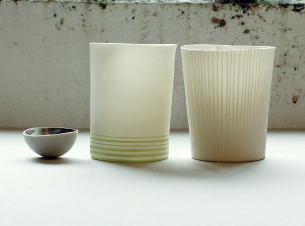 2 Justine Allison’s vessels, to 3 in. (8 cm) in height, porcelain gilded with palladium leaf, 2015.